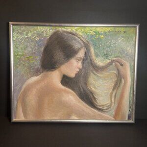 William Bruckner 1978 Oil Canvas Painting 'Woman Playing with Hair' Framed Art